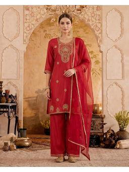KVS FAB - Women'S Silk Blend Embroidered Red Kurta and Pant with Dupatta