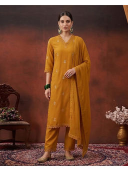 KVS FAB - Women Georgette Embroidered Yellow Kurta and Pant with Dupatta