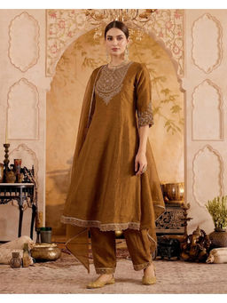 KVS FAB - Women'S Silk Blend Embroidered Mustard Anarkali and Pant with Dupatta