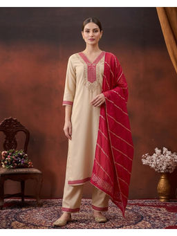 KVS FAB - Women'S Rayon Embroidered Cream Kurta and Pant with Dupatta