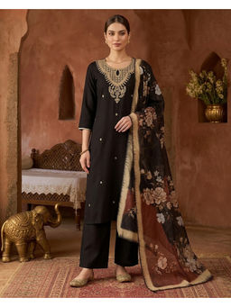 KVS FAB - Women'S Rayon Embroidered Black Kurta and Pant with Dupatta