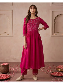 KVS FAB - Women'S Silk Blend Embroidered Pink Kurta and Pant