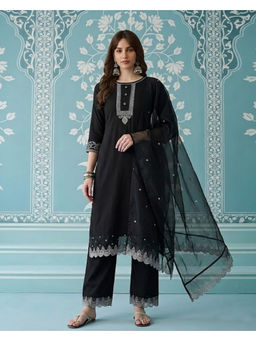 KVS FAB - Women'S Cotton Blend Embroidered Black Kurta and Pant with Dupatta