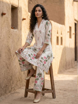 Mabish By Sonal Jain - Women'S Cotton Three Fourth Sleeves Floral White Kurta and Palazzo