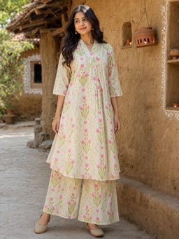 Mabish By Sonal Jain - Women'S Cotton Floral White Kurta and Palazzo