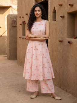 Mabish By Sonal Jain - Women Cotton Floral Pink Kurta and Palazzo