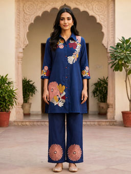 Zolo Label - Women Blended Embroidered Blue Tunic and Pant