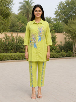 Zolo Label - Women'S Blended Embroidered Green Tunic and Pant