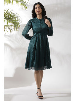 W - Women Green Stripes Print Chiffon Straight Dress