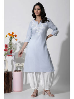 W - Women Blue Festive Embroidered Cotton A-Line Kurta