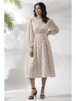 W - Women White Geometric Print Jacquard Flared Dress