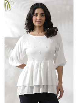 W - Women White Solid Viscose A-Line Top