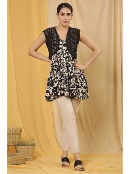 W - Women Black Abstract Print Viscose A-Line Top with Jacket (Set of 2)