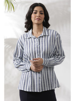 W - Women White Stripes Print Cotton Straight Shirt