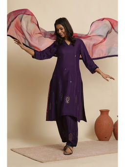 W - Women Purple Festive Solid Viscose Kurta with Salwar and Dupatta (Set of 3)