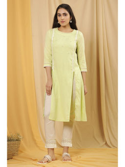 W - Women Green Solid Cotton Kurta with Pant (Set of 2)