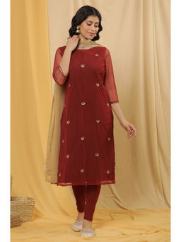 W - Women Maroon Festive Embroidered Maharani Net Kurta with Tight and Dupatta (Set of 3)