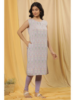 W - Women Purple Floral Print Viscose Kurta with Tights (Set of 2)