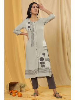 W - Women Green Floral Print Viscose Kurta with Slim Pant (Set of 2)