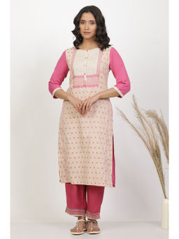 W - Women Pink Geometric Print Cotton Kurta with Slim Pant (Set of 2)