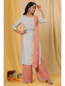 W - Women Blue Geometric Print Cotton Kurta with Parallel Pant and Dupatta (Set of 3)