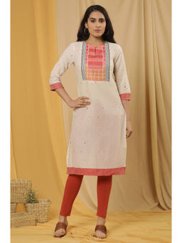 W - Women White Geometric Woven Cotton Kurta with Tights (Set of 2)