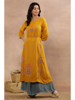 W - Women Yellow Festive Floral Print Rayon Kurta with Flared Pant (Set of 3)