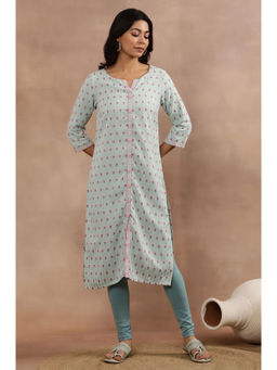 W - Women Blue Geometric Print Cotton Kurta with Tights (Set of 2)