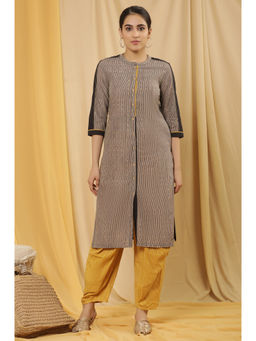 W - Women Beige Stripes Cotton Kurta with Carrot Pant (Set of 2)