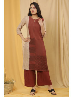 W - Women Red Geometric Print Viscose Kurta with Parallel Pant (Set of 2)