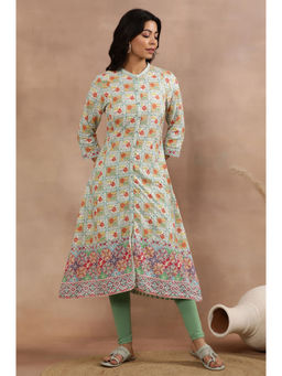 W - Women White Festive Animal Print Viscose Kurta with Tights (Set of 2)