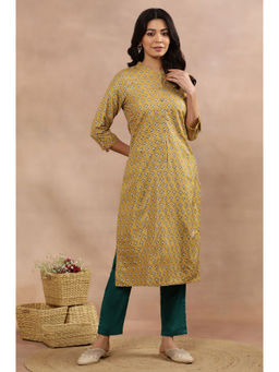 W - Women Yellow Festive Floral Print Viscose Kurta with Slim Pant (Set of 2)