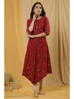 W - Women Red Geometric Print Viscose Kurta with Tights (Set of 2)