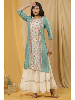 W - Women Green Festive Floral Print Viscose Kurta with Sharara (Set of 2)