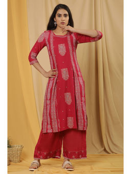 W - Women Pink Festive Printed Viscose Kurta with Parallel Pant (Set of 2)