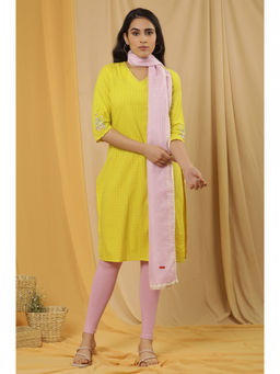 W - Women Yellow Solid Cotton Kurta with Tight and Dupatta (Set of 3)