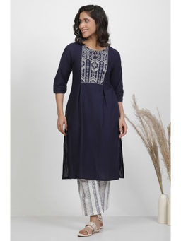 W - Women Blue Solid Cotton Kurta with Straight Pant (Set of 2)