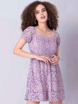 FabAlley - Lilac Lace Square Neck Trim Dress