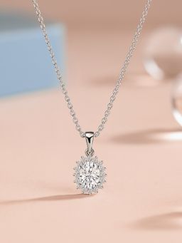 Ornate Jewels - 925 Silver 1.5 Carat Oval American Diamond Halo Pendant With Chain For Women & Girls