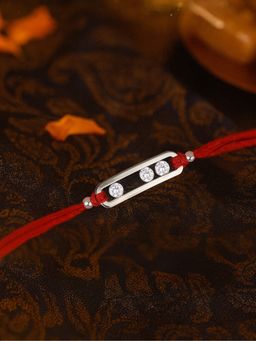 Ornate Jewels - 925 Silver Rhodium Plated American Diamond Thread Rakhi for Brother With Roli Chawal