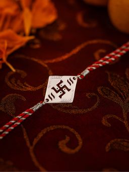 Ornate Jewels - 925 Silver American Diamond Swastik Thread Rakhi for Brother With Roli Chawal