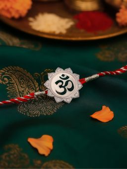 Ornate Jewels - 925 Silver American Diamond Om Thread Rakhi for Brother With Roli Chawal
