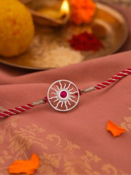 Ornate Jewels - 925 Silver Rhodium Plated Red Ruby Sun Thread Rakhi for Brother With Roli Chawal
