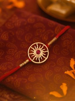 Ornate Jewels - 925 Silver 18K Gold Plated Red Ruby Sun Thread Rakhi for Brother With Roli Chawal