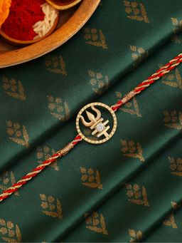 Ornate Jewels - 925 Silver 18K Gold Plated CZ Trishul Thread Rakhi for Brother With Roli Chawal