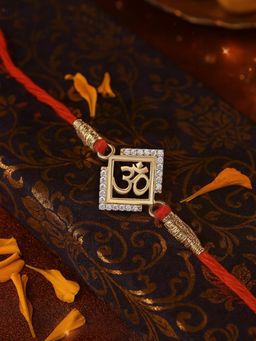 Ornate Jewels - 925 Silver 18K Gold Plated CZ Divine Om Thread Rakhi for Brother With Roli Chawal