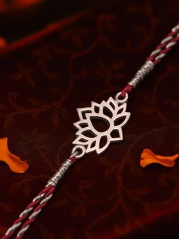 Ornate Jewels - 925 Silver Rhodium Plated Lotus Thread Rakhi for Brother With Roli Chawal