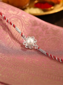 Ornate Jewels - 925 Silver Freshwater Pearl Designer Thread Rakhi for Brother With Roli Chawal