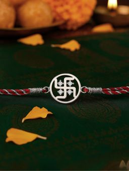Ornate Jewels - 925 Silver American Diamond Blessings Swastik Thread Rakhi for Brother With Roli Chawal