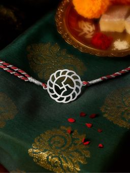 Ornate Jewels - 925 Silver Rhodium Plated Swastik Thread Rakhi for Brother With Roli Chawal